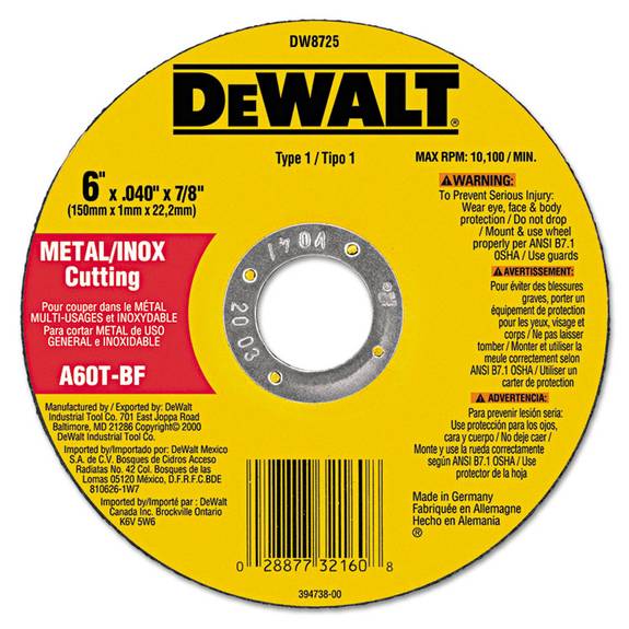 Dewalt  Type 1 Metal Cut-off Wheel, 6in X .04in, 5/8in Arbor 115-dw8725 1 Package