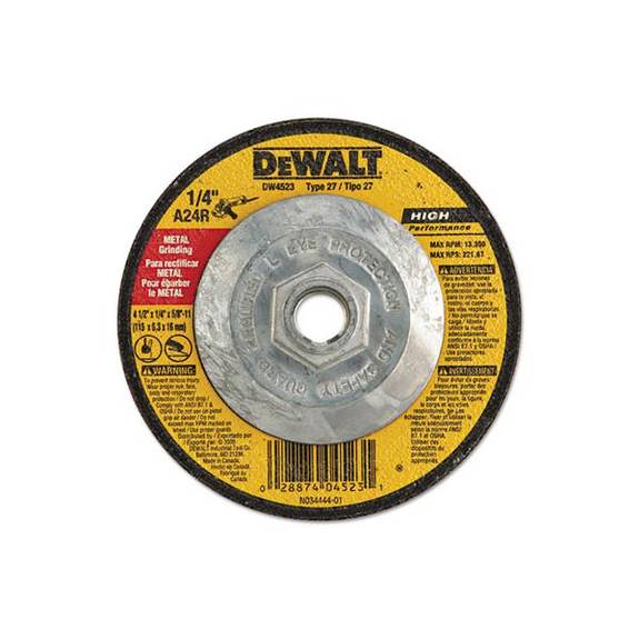 Dewalt  Dw4523 High-performance Metal-grinding Wheels, Type 27, 4 1/2 X 1/4, 5/8 Arbor 115-dw4523 1 Package