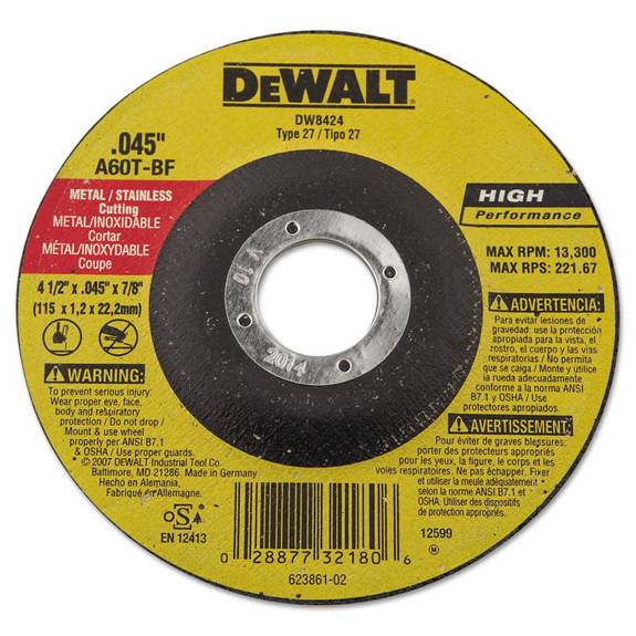 Dewalt  Dw8424 Hi-performance Metal-cutting Wheel, 4 1/2in X .045in, 7/8in Arbor 115-dw8424 1 Each