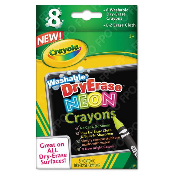 Crayola  Washable Dry Erase Crayons W/e-z Erase Cloth, Assorted Neon Colors, 8/pack 71662 85 Set