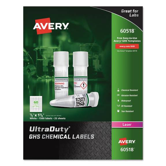 Avery Ultraduty Ghs Chemical Labels, Laser, 1/2 X 1 3/4, White, 60