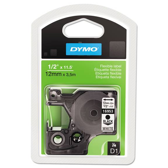 Dymo  D1 Flexible Nylon Label Maker Tape, 1/2in X 12ft, Black On White 16953 1 Each