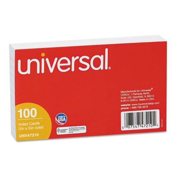 Universal  Ruled Index Cards, 3 X 5, White, 100/pack Unv47210 100 Package