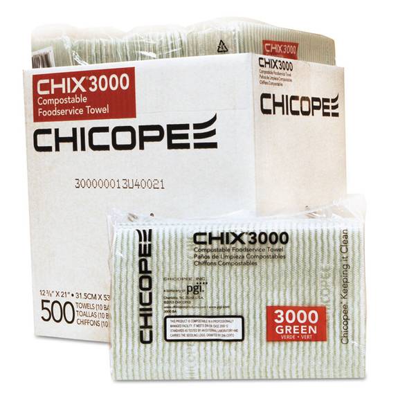 Chix  Compostable Food Service Towels, 12 3/8 X 21, White W/green Stripe, 500/carton 3000 500 Case