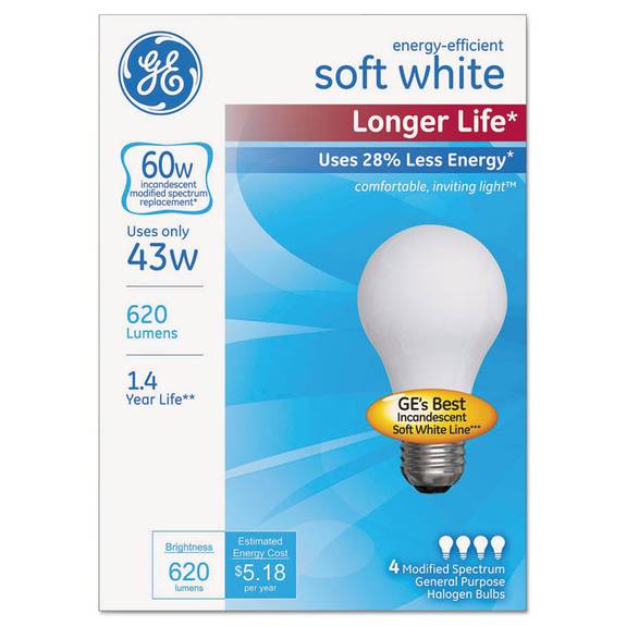 Ge Energy-efficient Halogen Bulb, A19, 43 W, Soft White 4/pack Gel70286 4 Package