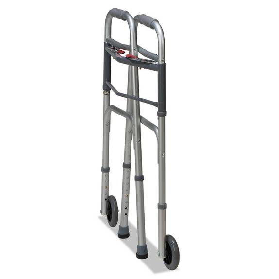 Dmi  Two-button Release Folding Walker With Wheels, Silver/gray, Aluminum, 32-38