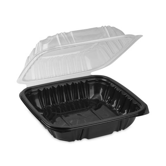 EarthChoice Vented Dual Color Microwavable Hinged Lid Container, 1-Compartment, 38oz, 8.5x8.5x3, Black/Clear, Plastic, 150/CT EarthChoice Vented Dual Color Microwavable Hinged Lid Container, 1-Compartment, 38oz, 8.5x8.5x3, Black/Clear, Plastic, 150/CT