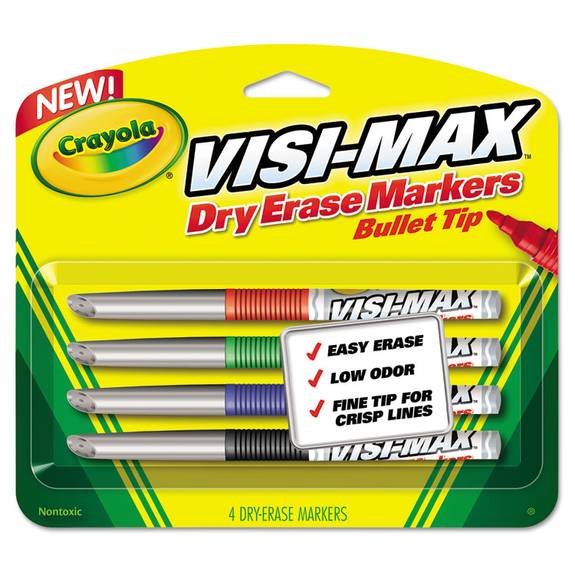 Crayola  Dry Erase Marker, Bullet Tip, Fine, Assorted Colors, 4/set 988901 4 Set
