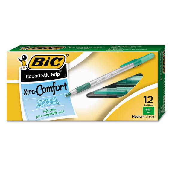 Bic  Round Stic Grip Xtra Comfort Ballpoint Pen, Green Ink, 1.2mm, Medium, Dozen Gsmg11 Grn 1 Dozen