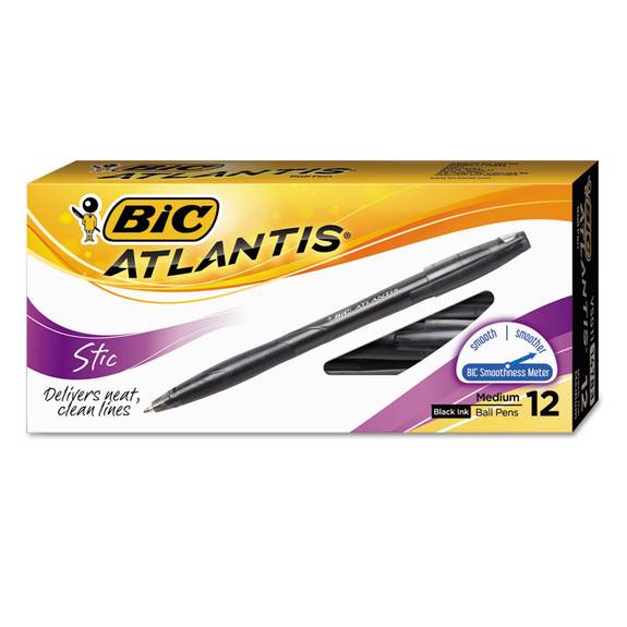 Bic  Atlantis Stic Ballpoint Pen, Black Ink, 1mm, Medium, Dozen Vsg11 Blk 1 Dozen
