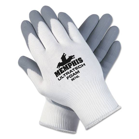 Mcr  Safety Ultra Tech Foam Seamless Nylon Knit Gloves, Large, White/gray, 12 Pair/dozen Mcr 9674l 1 Dozen