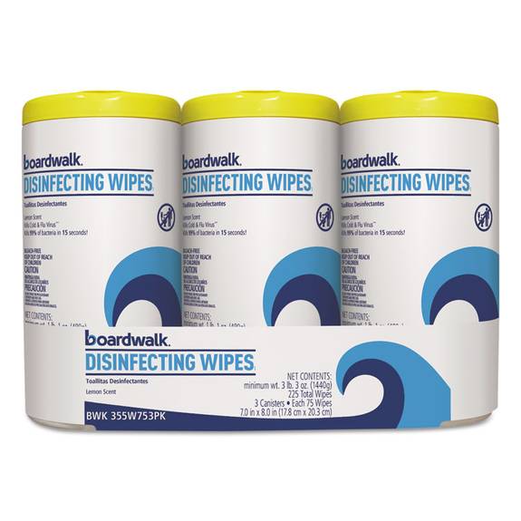 Boardwalk  Disinfecting Wipes, 8 X 7, Lemon Scent, 75/canister, 3 Canisters/pack, 4/pks/ct Bwk 355-w753pk 4 Case