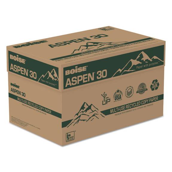 Boise  Aspen 30% Recycled Multi-use Paper, 3hp, 92 Bright, 20lb, 8.5x11, White, 5000/ct 054901-p 10 Case