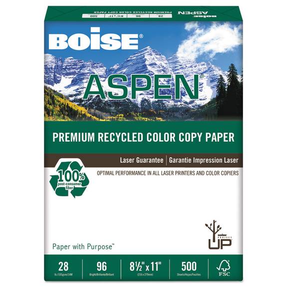 Boise  Aspen Premium Recycled Paper, 96 Bright, 28lb, Letter, White, 500 Sheets Acc2811 1 Ream