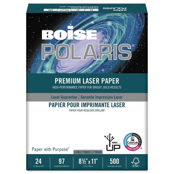 Boise  Polaris Premium Laser Paper, 3-hole, 97 Bright, 24lb, Letter, White. 500 Sheets Bpl-0111-p 1 Ream