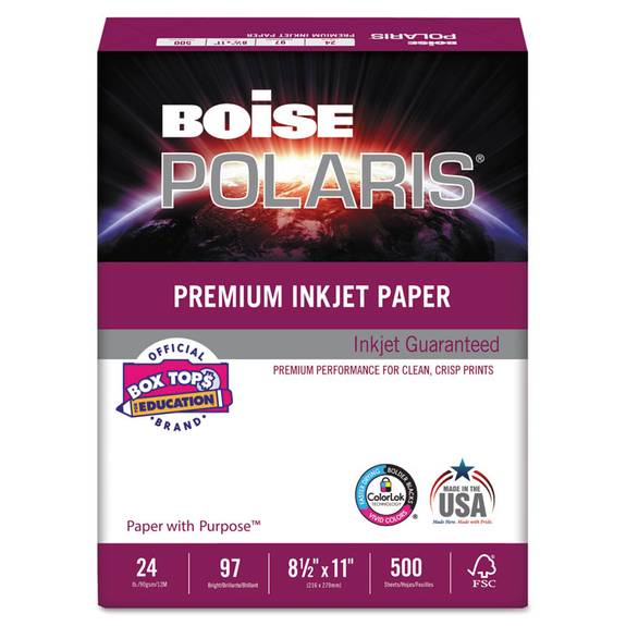 Boise  Polaris Premium Inkjet Paper, 97 Bright, 24lb, 8 1/2 X 11, White Pp9624 1 Ream