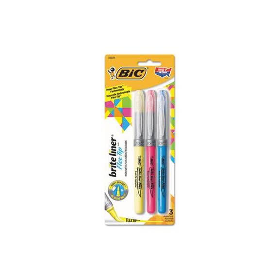Bic  Brite Liner Flex Tip Highlighters, Brush Tip, Assorted Colors Gblbp31-ast 3 Set