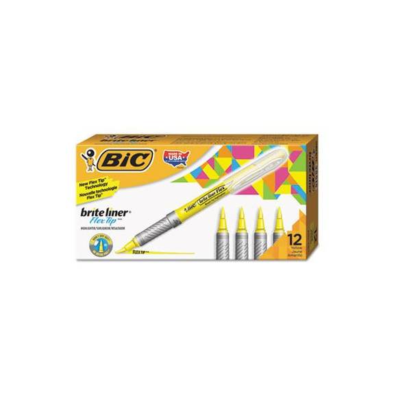 Bic  Brite Liner Flex Tip Highlighters, Brush Tip, Yellow, 1 Dozen Gblb11ye 1 Dozen