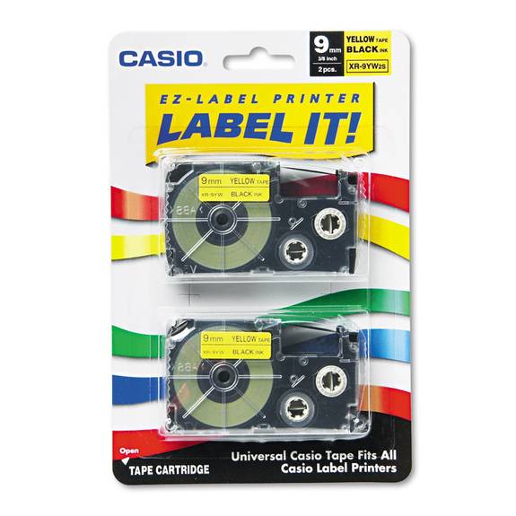 Casio  Tape Cassettes For Kl Label Makers, 9mm X 26ft, Black On Yellow, 2/pack Xr9yw2s 2 Package