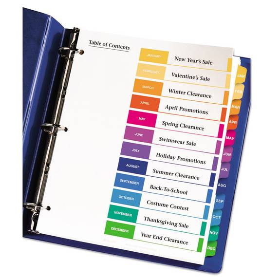 Customizable TOC Ready Index Multicolor Tab Dividers, 12-Tab, Jan. to Dec., 11 x 8.5, White, Traditional Color Tabs, 1 Set