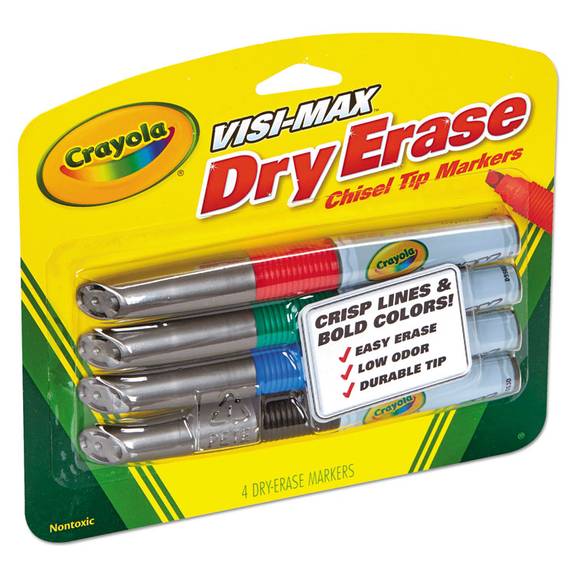 Crayola  Dry Erase Marker, Chisel Tip, Broad, Assorted Colors, 4/set 988902 4 Set