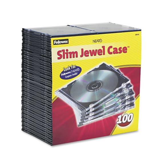 Fellowes  Slim Jewel Case, Clear/black, 100/pack 98335 100 Package