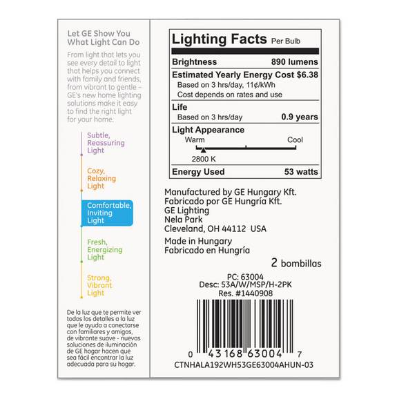 Ge Halogen A-line Bulb, A19, 75 Watts, 2/pack 63004 2 Package