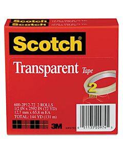 Transparent Tape, 3" Core, 0.5" X 72 Yds, Transparent, 2/pack