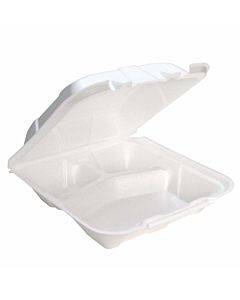 Vented Foam Hinged Lid Container, Dual Tab Lock, 3-compartment, 9.13 X 9 X 3.25, White, 150/carton