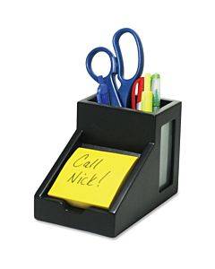 Midnight Black Collection Pencil Cup With Note Holder, 2 Compartments, Mdf/frosted Glass/faux Leather, 4 X 6.3  X 4.5, Wood