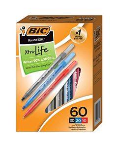 Bic Round Stic Xtra Life Ball Point Pen, Assorted, 60 Pack