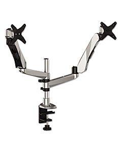 Easy-adjust Desk Dual Arm Mount For 27" Monitors, 360 Deg Rotation, +90/-15 Deg Tilt, 360 Deg Pan, Silver, Supports 20 Lb