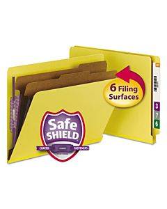 End Tab Pressboard Classification Folders, Six Safeshield Fasteners, 2" Expansion, 2 Dividers, Letter Size, Yellow, 10/box