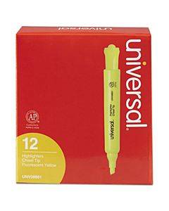 Desk Highlighters, Fluorescent Yellow Ink, Chisel Tip, Yellow Barrel, Dozen