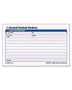 Avoid Verbal Orders Manifold Book, Two-part Carbonless, 6.25 X 4.25, 50 Forms Total