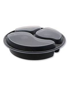 Newspring Versatainer Microwavable Containers, Round, 3-compartment, 39 Oz, 9 X 9 X 2.25, Black/clear, Plastic, 150/carton