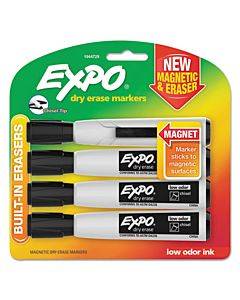 Magnetic Dry Erase Marker, Broad Chisel Tip, Black, 4/pack