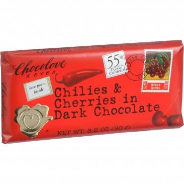 Chocolove Xoxox - Premium Chocolate Bar - Dark Chocolate - Chilies And Cherries - 3.2 Oz Bars - Case Of 12